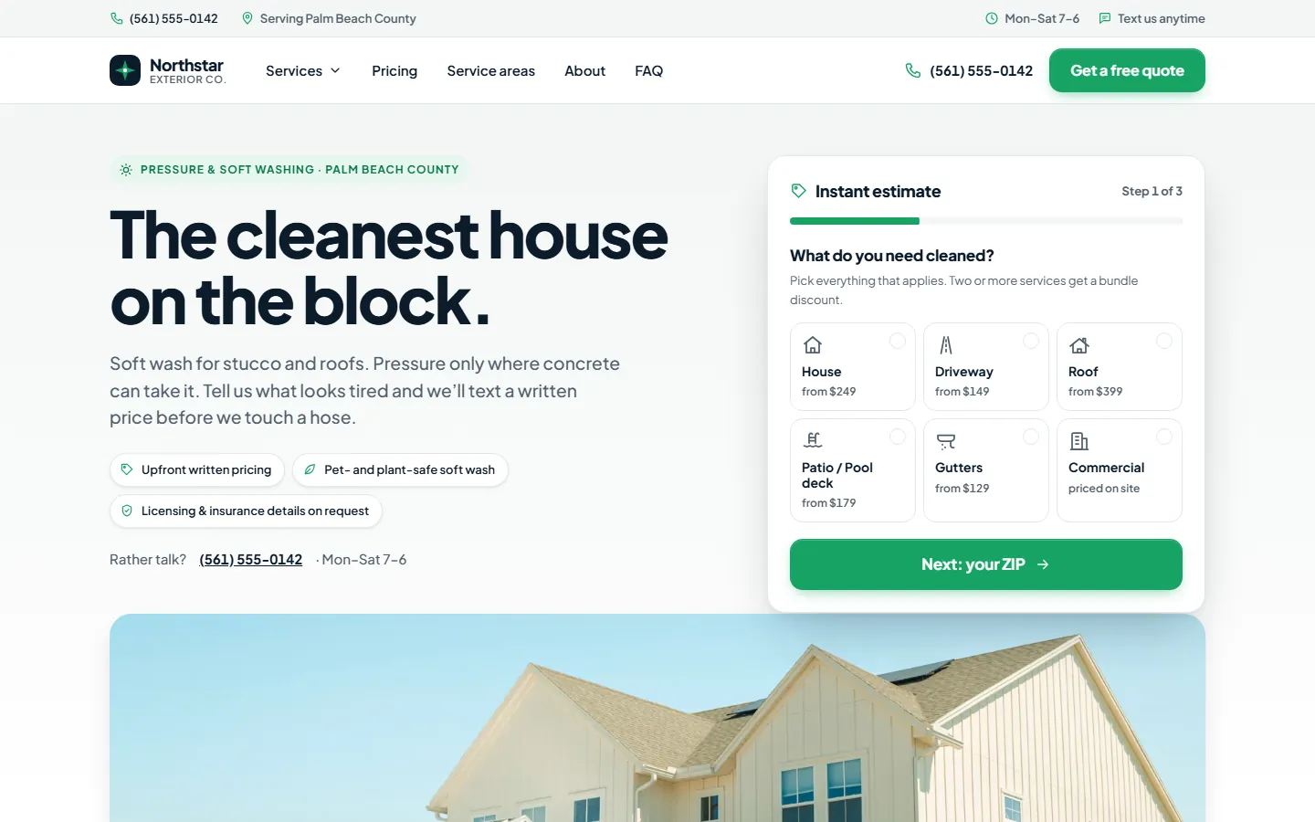 Northstar Exterior Co. website homepage — Pressure washing, soft washing, roof cleaning & lawn care concept by Obsidian Webworks